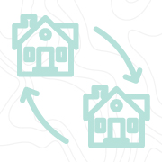 Line art of two houses with arrows pointing towards each other