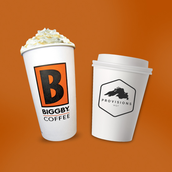A graphic with two coffee cups. One cup has the Biggby logo, the other the Provisions MQT logo